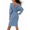 thumbnail image 3 of INSPIRE CHIC Robe Midi pour Femme Col en V Profond Manches Chauve-Souris Longues Ceinturée Robe Chandail Portefeuille L Bleu, 3 of 5