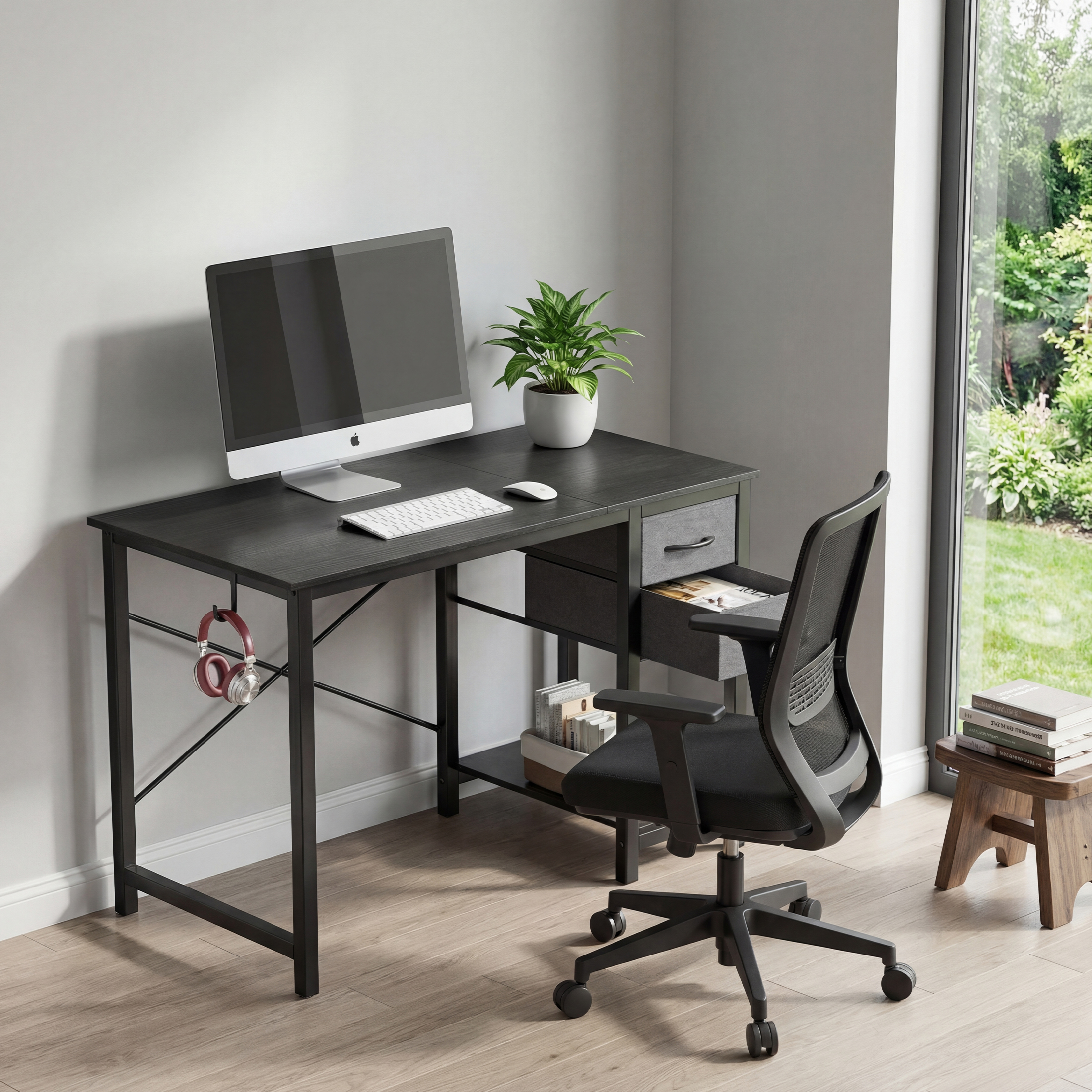 EDX 40-Inch Office Desk with Drawers and Storage Shelf, Black photo 3