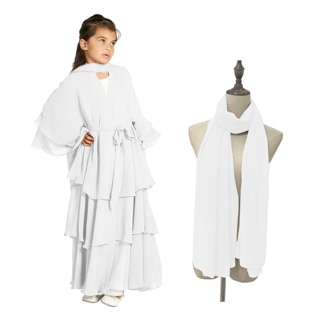 Traje de falda para niños y niñas, Festival musulmán de Ramadán, color sólido, manga larga, cuello en V, vestido flotante de gasa de tres capas, ropa para niños, vestido elegante, vestido de poliéster