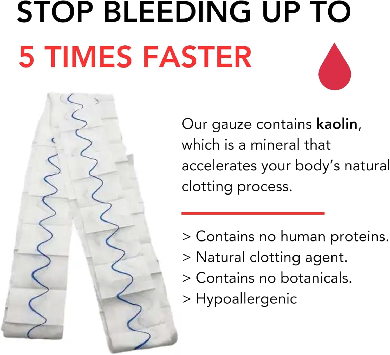 First Aid Advanced Quick Clotting Combat Hemostatic Gauze 3" x 12.5' - Emergency Zip Stitch Wound Closure Strips, Sutures Butterfly Bandaids, Surgical Laceration Repair Without Stiches