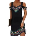 thumbnail image 1 of ORQ Retro Print Ethnic Casual A-Line Pullover Short Women Summer Dress, 1 of 4