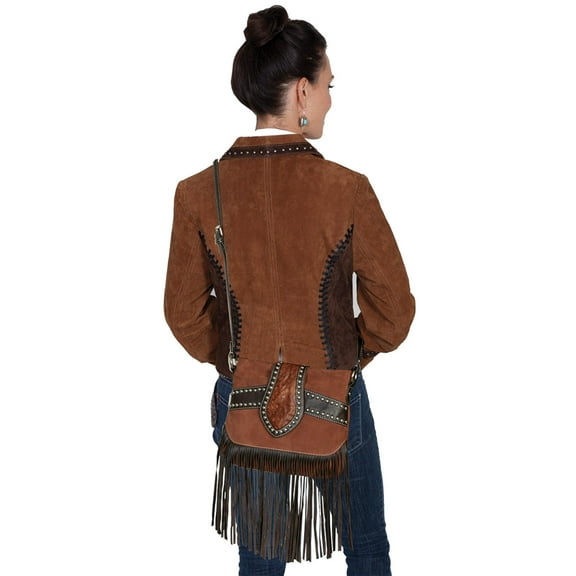 Scully Bolero Tooled Suede And Leather Fringe Handbag
