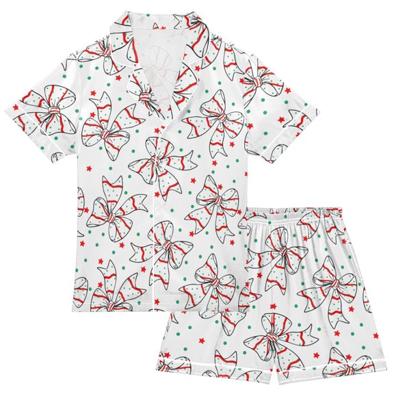 Cute Christmas Bows Print Boy Girls Satin Pajamas Set Button-Up Short Sleeve Pj Sleepwear for 7-8 Years
