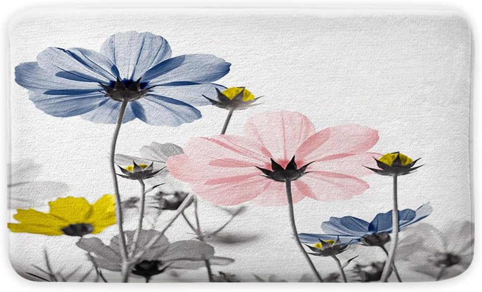 Blue Pink Bathroom Rugs Mat, Cute Daisy Flower Elegant Wildflower Design Farmhouse Bath Rugs, Unique Floral Door Mats, 17X29in