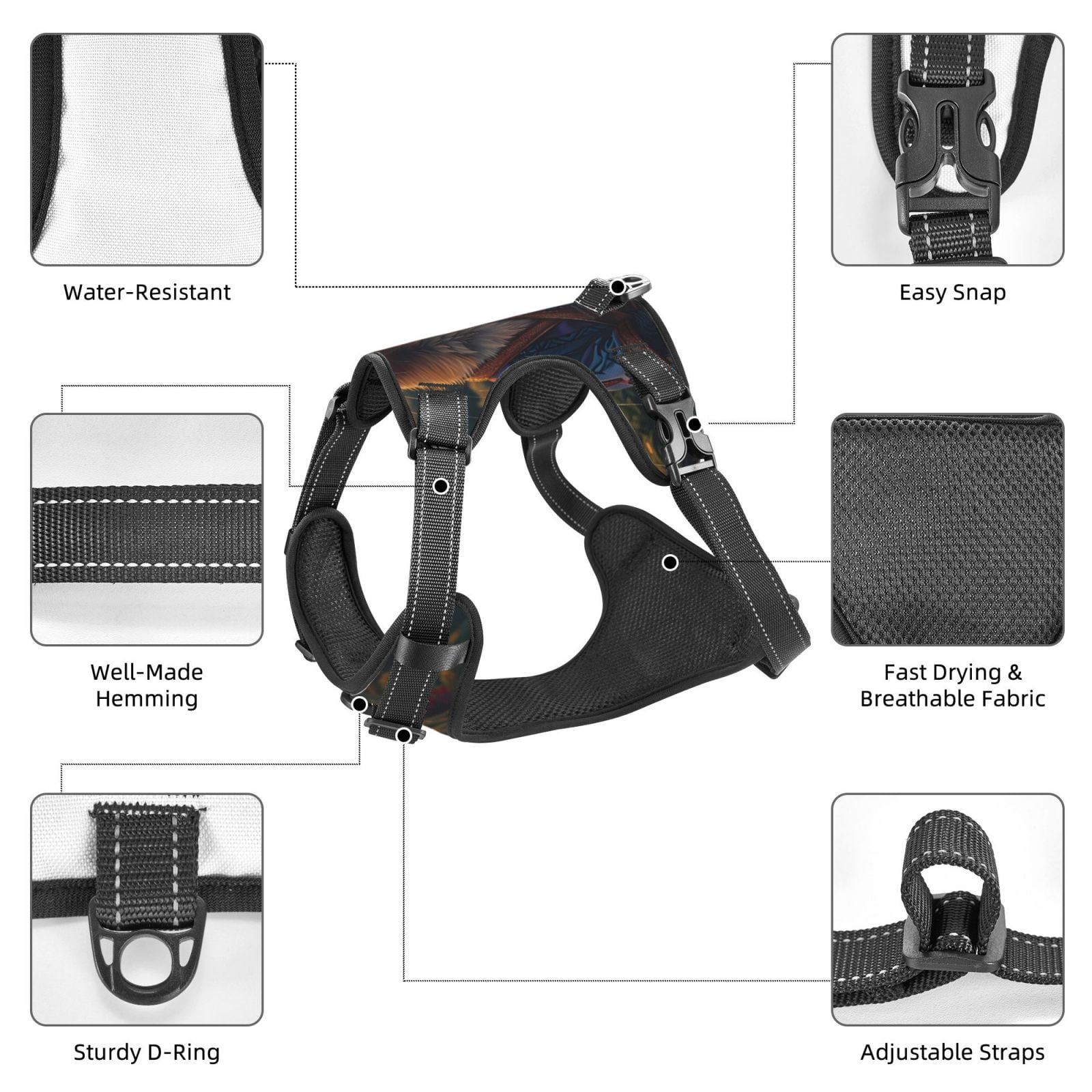 Vsdgher Garden Meditating Weasel Pattern Dog Harness,No Pull Pet Harness with Soft Padded Handle,Adjustable Reflective Vest with 2 Buckles,4 Slide Buckles,S-XL X-Large