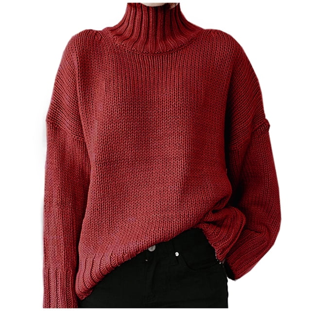 Gibobby Suéter de cuello alto mujer, Suéter de cuello alto para mujer, de punto trenzado, de color sólido, de punto, para mujer(Vino,CH)