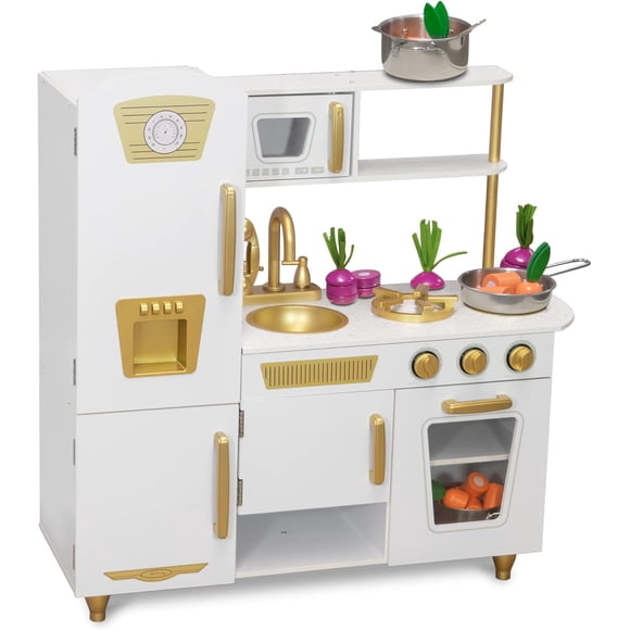 Kids House Cocina de Madera Elite White, Cocinita de Juguete para Niña Color Blanco con Dorado, Detalles de Lujo, con Puertas Que Abren y Cierran de Verdad