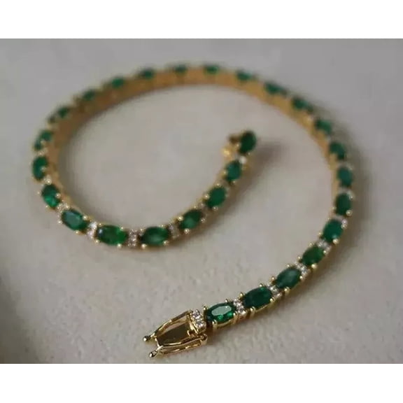9Ct Oval Cut Emerald/Diamond Tennis Lab Created Bracelet 14K Yellow Gold Plated 7"