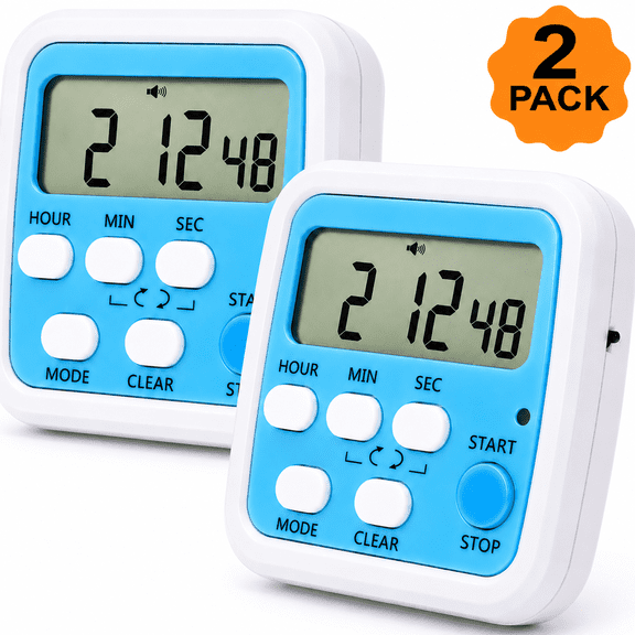 NIUTA® 2 Pack Digital Kitchen Timer with Clock, T1/T2 Dual Countdown & Count Up Timer, Magnetic Timer for Cooking, Classroom, Kids, Study & Workout, Large LCD Display, Silent & Beep Reminder