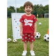 thumbnail image 4 of BemeyourBBs Toddler Baby Boy Game Day Football Outfit Infant Baby Boys Summer Clothes 6 12 18 24 Months 2 3 4 Years Short Sleeve Soccer Letters Print T Shirt Tops with Pockets Shorts 2Pcs Set, 4 of 9