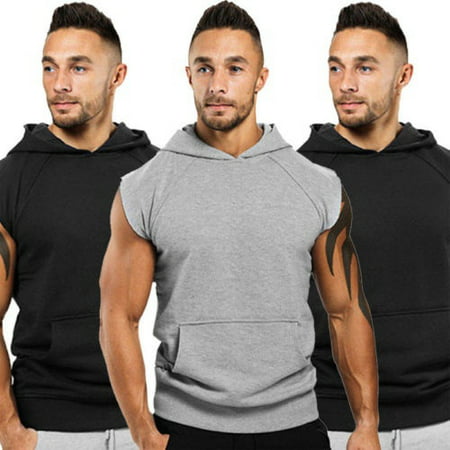 Mens Sleeveless Hoodie Hooded Sweatshirt Sport Gym Sweats Tops Shirts Vest