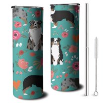 20oz Australian Shepherd Floral Skinny Tumblers Stainless Steel Tumbler with Lid and Straw,Vacuum Insulated Double Wall Travel Tumbler Cups with Cleaning Brush for Coffee,Tea