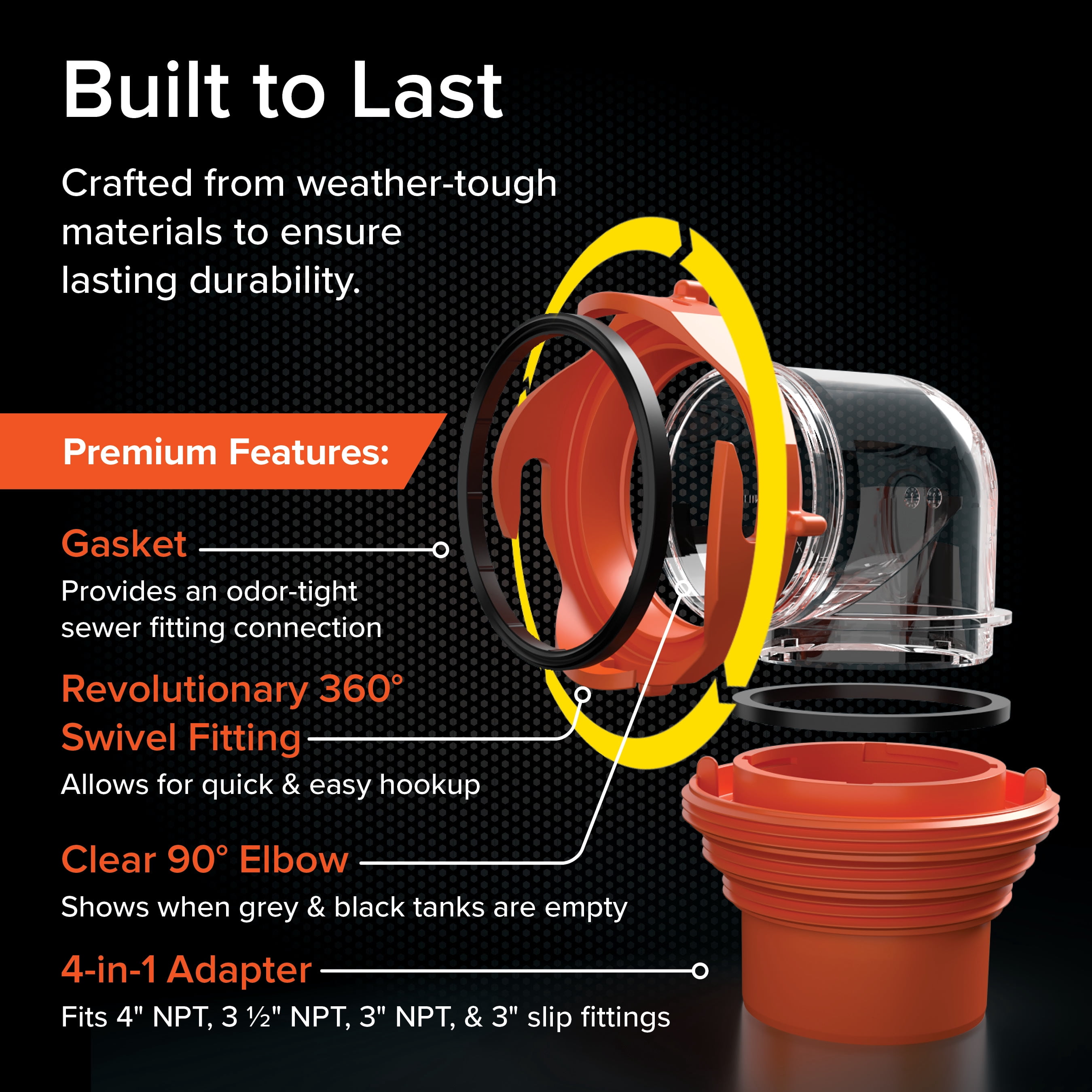 Camco Rhino Clear RV Sewer Hose Elbow with 4-in-1 Adapter - Orange (39736)