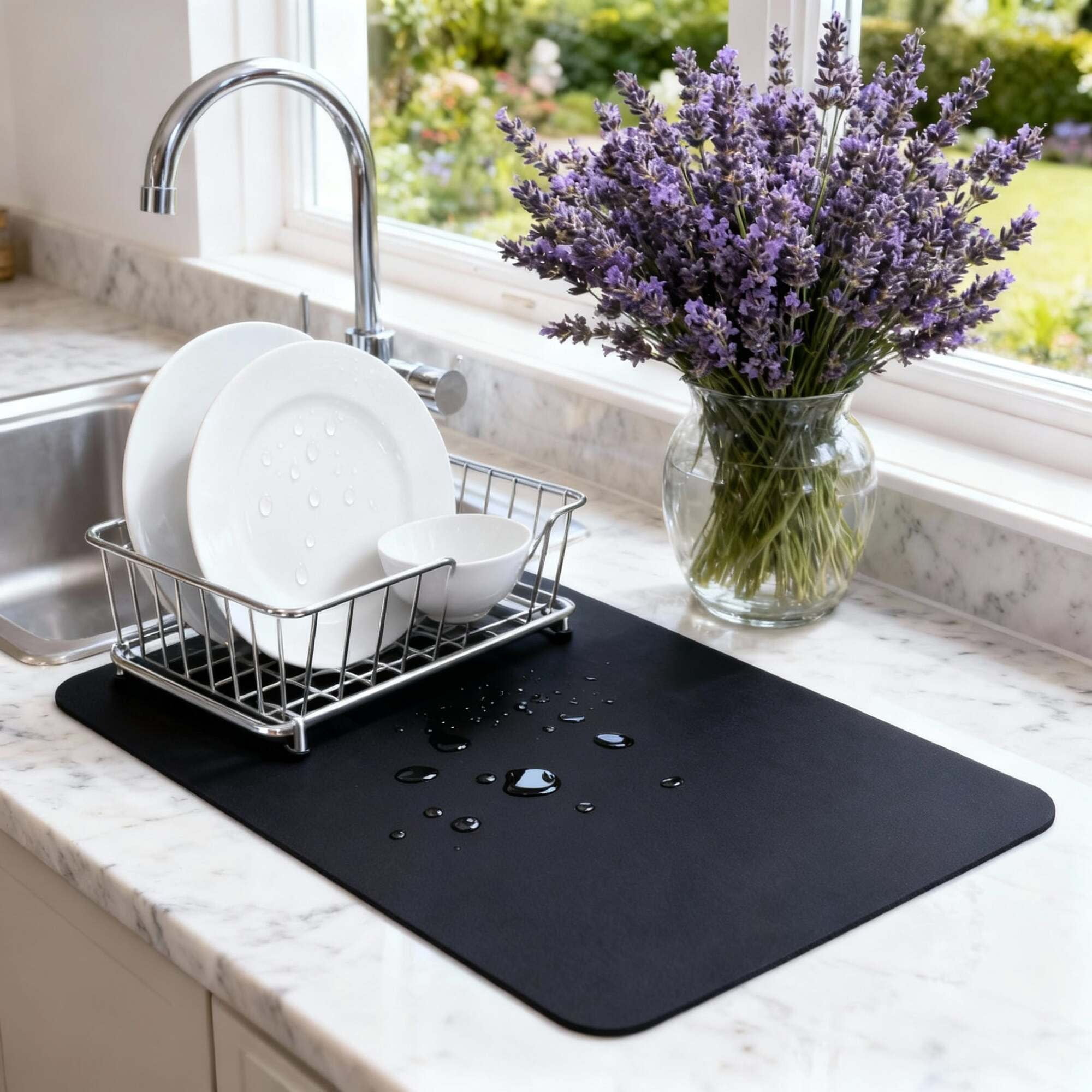 STRABELLA: Dish Drying Mat - 16x12", Black - Super Water Absorbent, Quick Dry Foam, Multi-Purpose, Kitchen Countertops, Non-Slip, Machine Washable