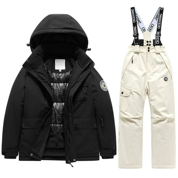 HUXUN-Kids Winter Warm Snowsuit Outfit - Boys Girls Thermal Ski Jacket and Pants Set, Windproof Snowsuit for Cold Weather, Ideal for Skiing and Snow Play(Black Beige,8-9Years)