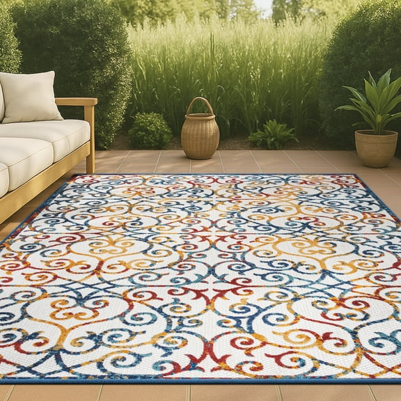 Atrani Scroll Trellis Cream/Blue/Red 3 ft. x 5 ft. Indoor/Outdoor Area Rug