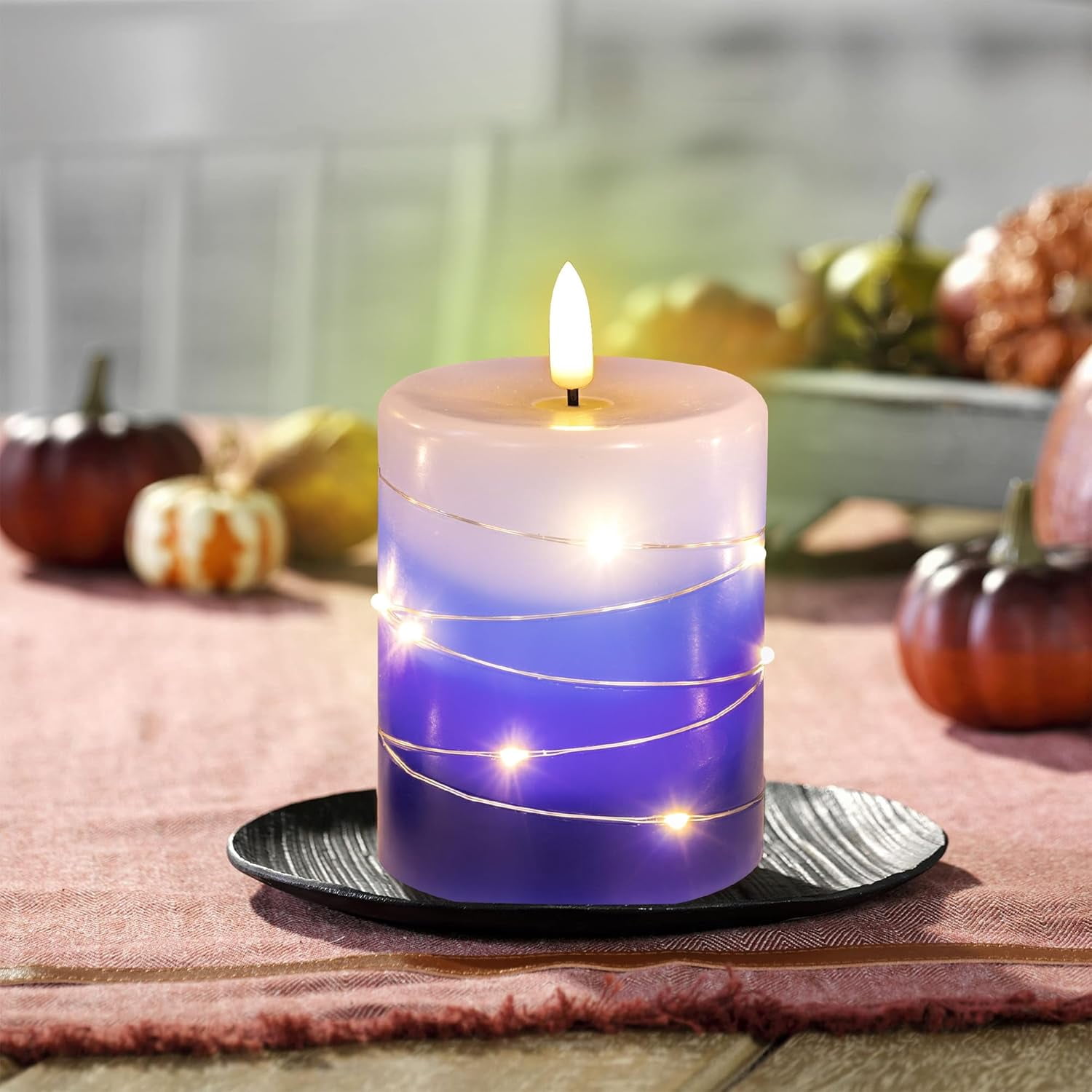 ZM Flameless Candles with String Lights, Battery Operated Candles with Remote Control and Timer,Flickering LED Pillar Candles for Home Decoration,Real Wax, Gradient Blue (3-Pack)
