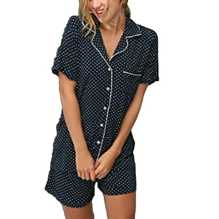 

Women Pajamas Sets Summer Short Sleeve Turn down Collar Striped Dot Button Design Shirts+Shorts Pants Homewear Sleepwear