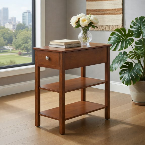 Yardi Yard 3-Tier Narrow End Table with Drawer and Storage Shelves Set of 2, Brown