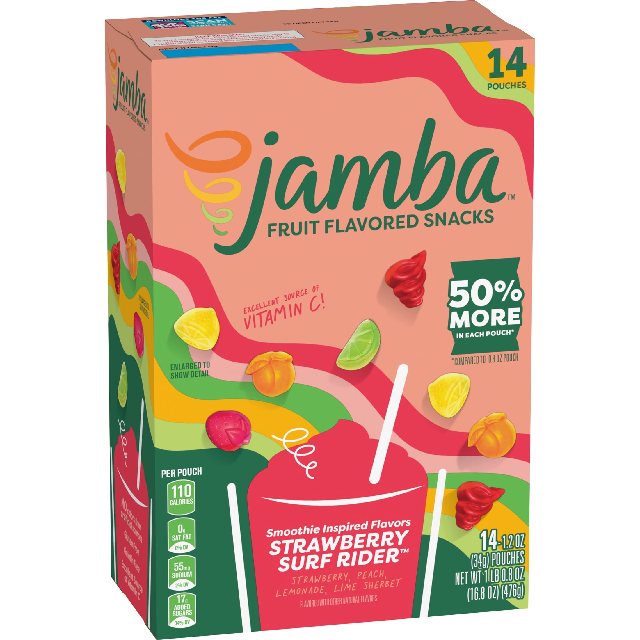 Jamba Fruit Flavored Snacks, Strawberry Surf Rider, Gluten Free, 16.8 oz (14 Pouches)