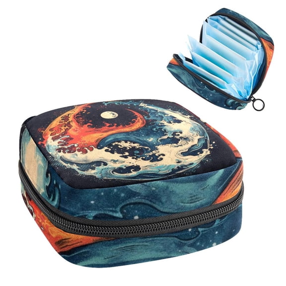Sanitary Napkin Storage Bag for Girls Women, Portable First Period Pads Bag Tampons Holder Girls Travel Makeup Bag, Large Capacity Aesthetic Fire Water Chinese Yin Yang