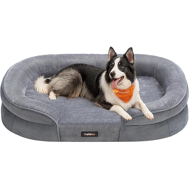 Feandrea Cama para Perros Grandes, 91 x 68 x 18 cm, Funda Extraíble y Lavable, Forro Repelente al Agua, Bordes Elevados, Gris Claro