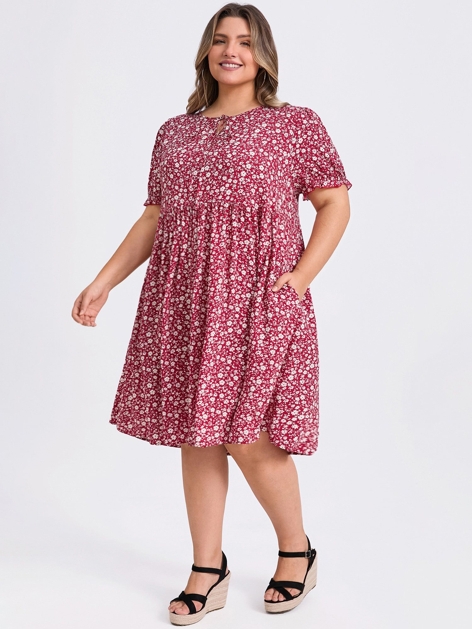 DARING DIVA Plus Size Tie Neck Short Sleeves Floral A-Line Dress 1X Dark Red
