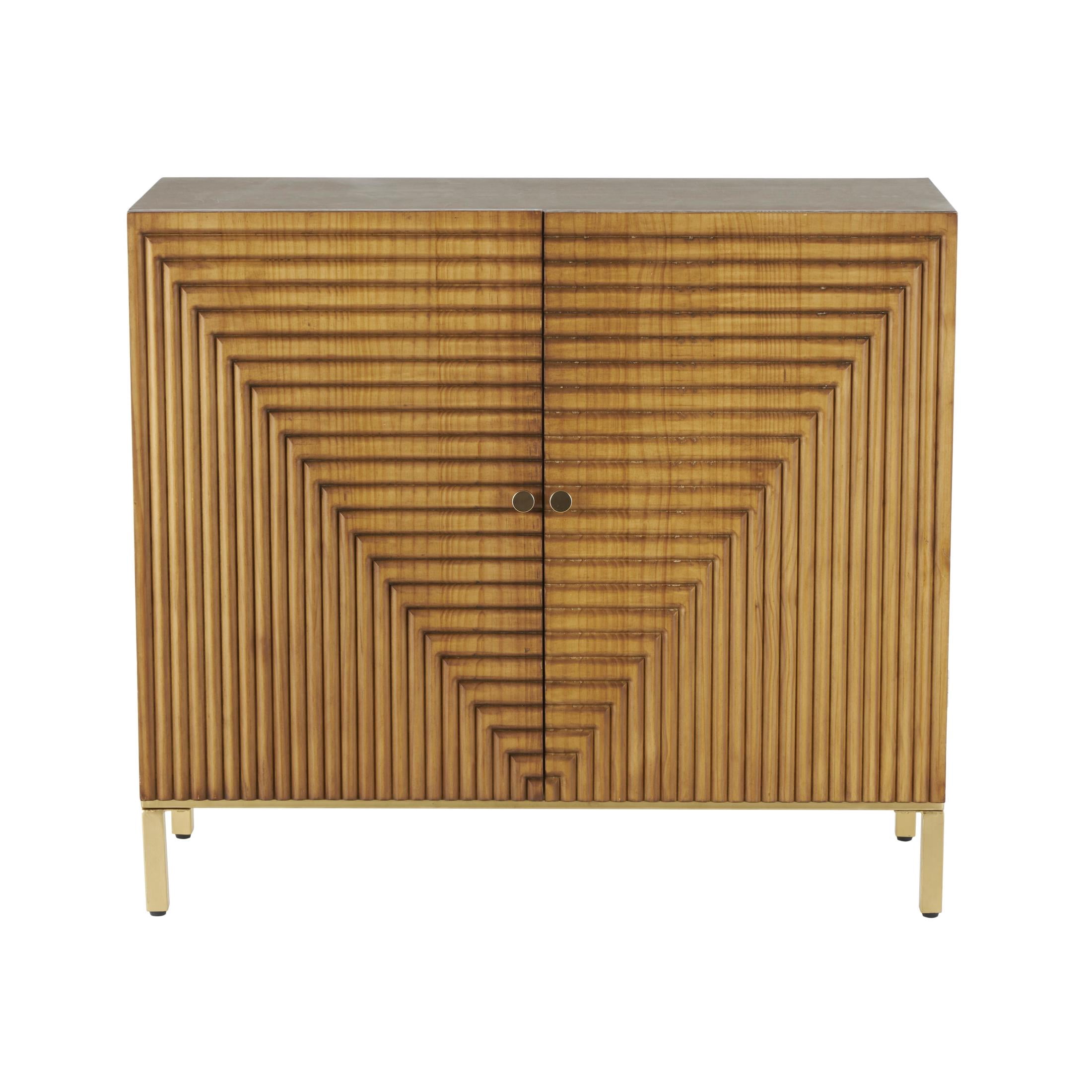 DecMode 36" x 32" Brown Wood Carved Square Geometric Cabinet with Gold Accents, 1-Piece