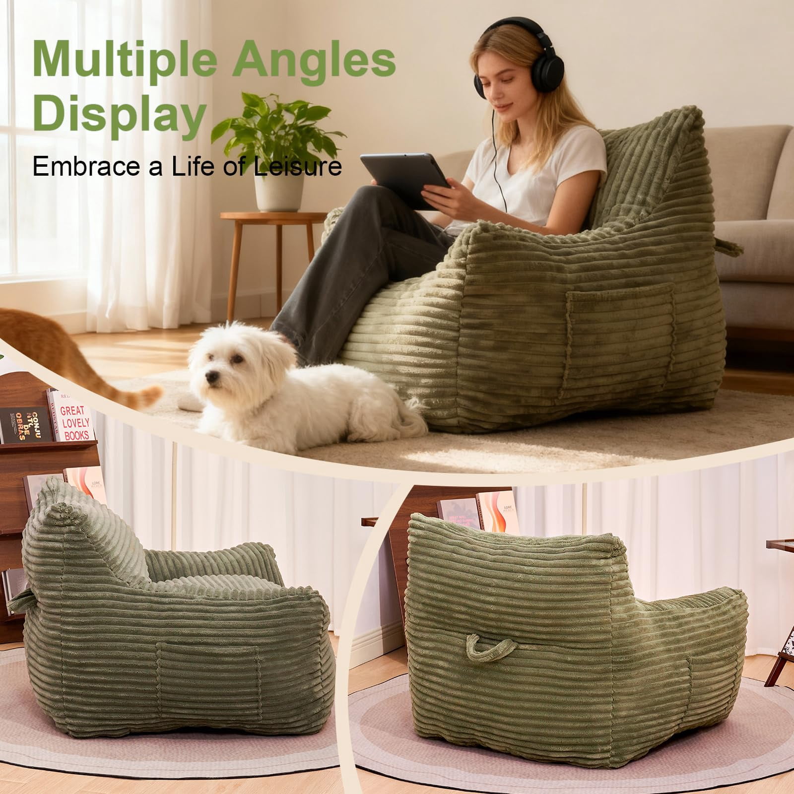 Peispie Giant Bean Bag Chair for Adults, Wide Seat Comfy Corduroy Floor Sofa with Armrests, Shredded Memory Foam Lazy Lounger, Oversized Gaming & Reading Chair for Bedroom 400LBS, Green