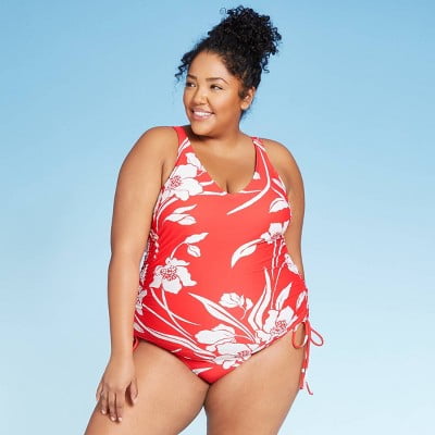 Women S Plus Size Side Cinch One Piece Swimsuit Kona Sol Red Floral w Walmart Com