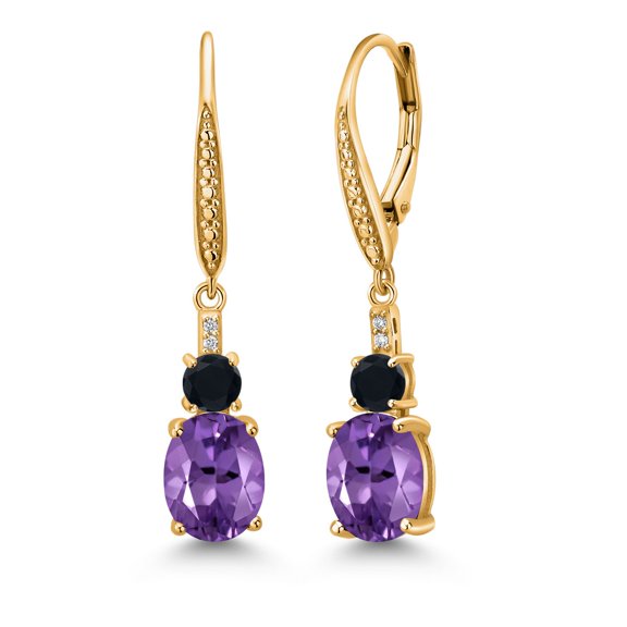 Gem Stone King 18K Yellow Gold Plated Silver Red Created Ruby and White Lab Grown Diamond Dangle Earrings for Women (4.53 Cttw, Oval 9X7MM)