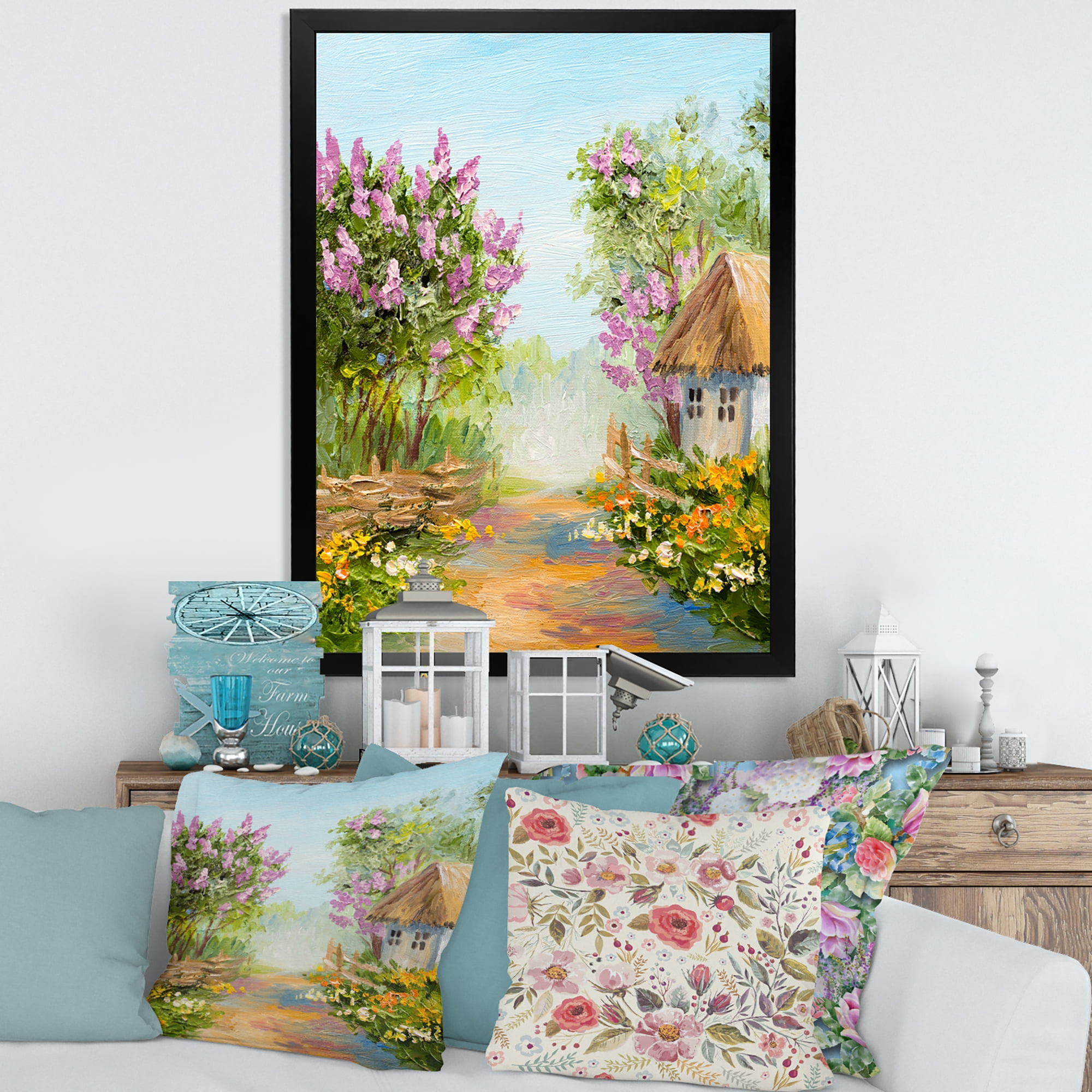 Designart 'Little House In The Blossoming Flowers Forest' Lake House Framed Art Print
