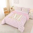 thumbnail image 2 of Castle Fairy Plaid Gold Letter M Full Size Comforter Sets 3 Pieces for Girls,Minimalism Checkered Bedding Sets,Pink Reversible, 2 of 6