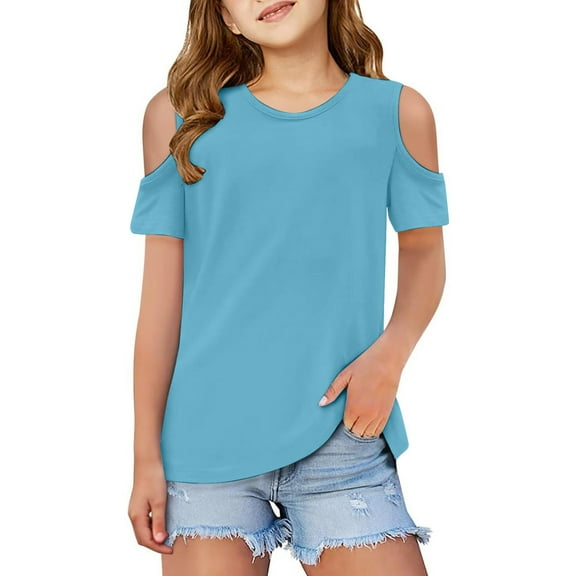 FAOWME Child Kids Girls Short Sleeve Shirts Cute Crew Neck Cold Shoulder Tee Tops Sky Blue 11-12 Years