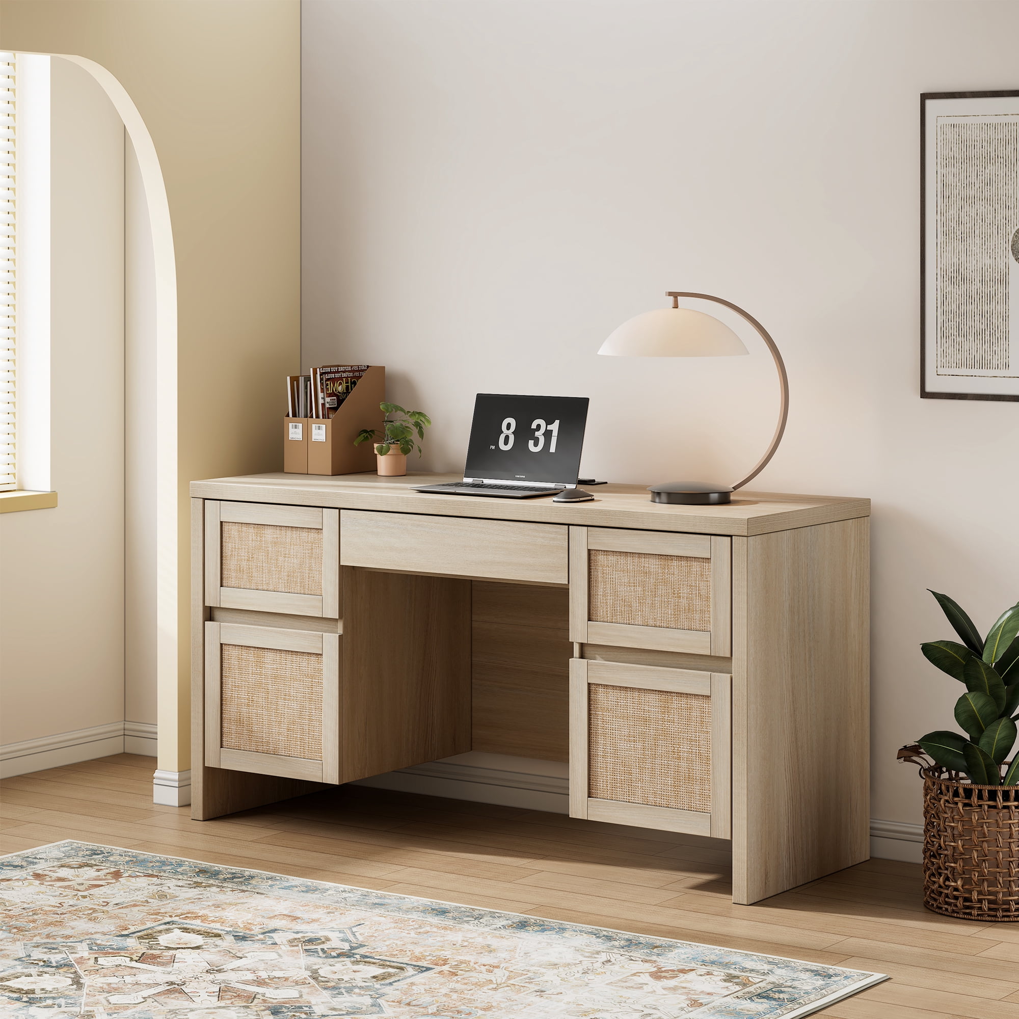 Brafab Home Office Desk with Charging Station, 5-Drawer Executive Desk with Rattan Front, Modern Farmhouse Computer Writing Desk, Built-in USB/Type-C Ports & Outlets