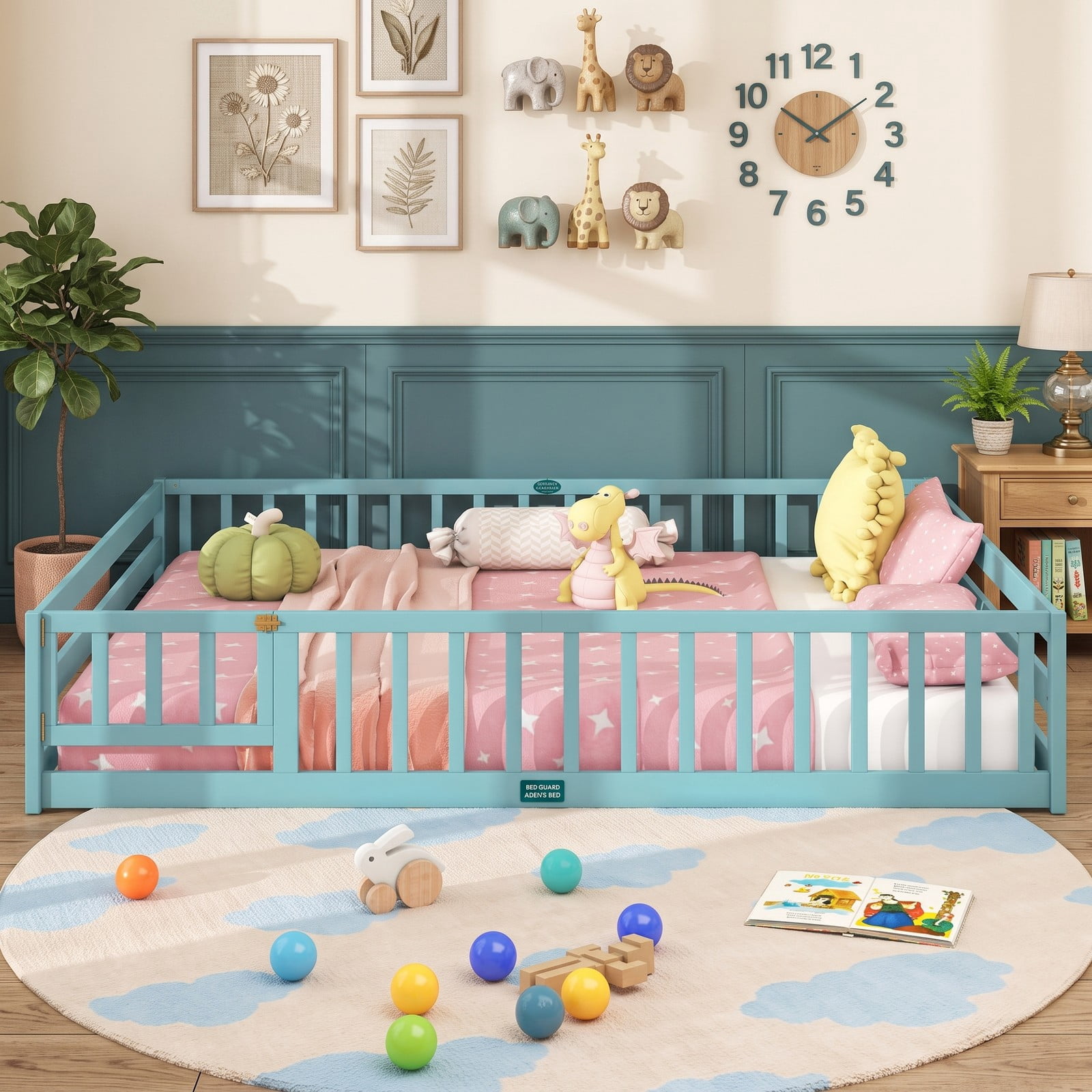 Furnibear Queen Size Wood Montessori Floor Bed Frame with Full Length Guardrails and Lockable Gate, Queen Bed Frame for Kids Bedroom, Aqua