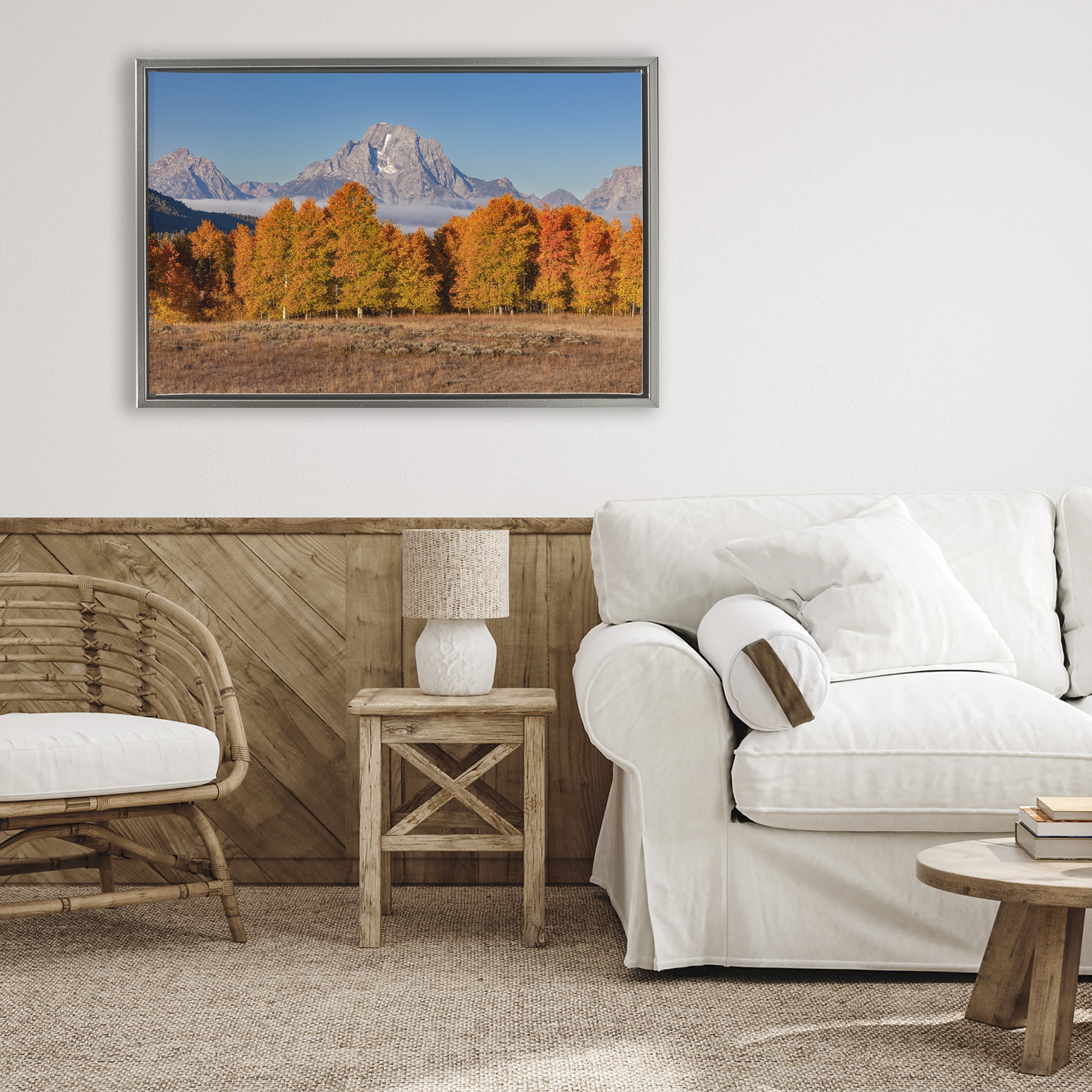 Autumn Tree Line With Mountain Gray Framed Floater Canvas Wall Art, design by Shelley Carlisle
