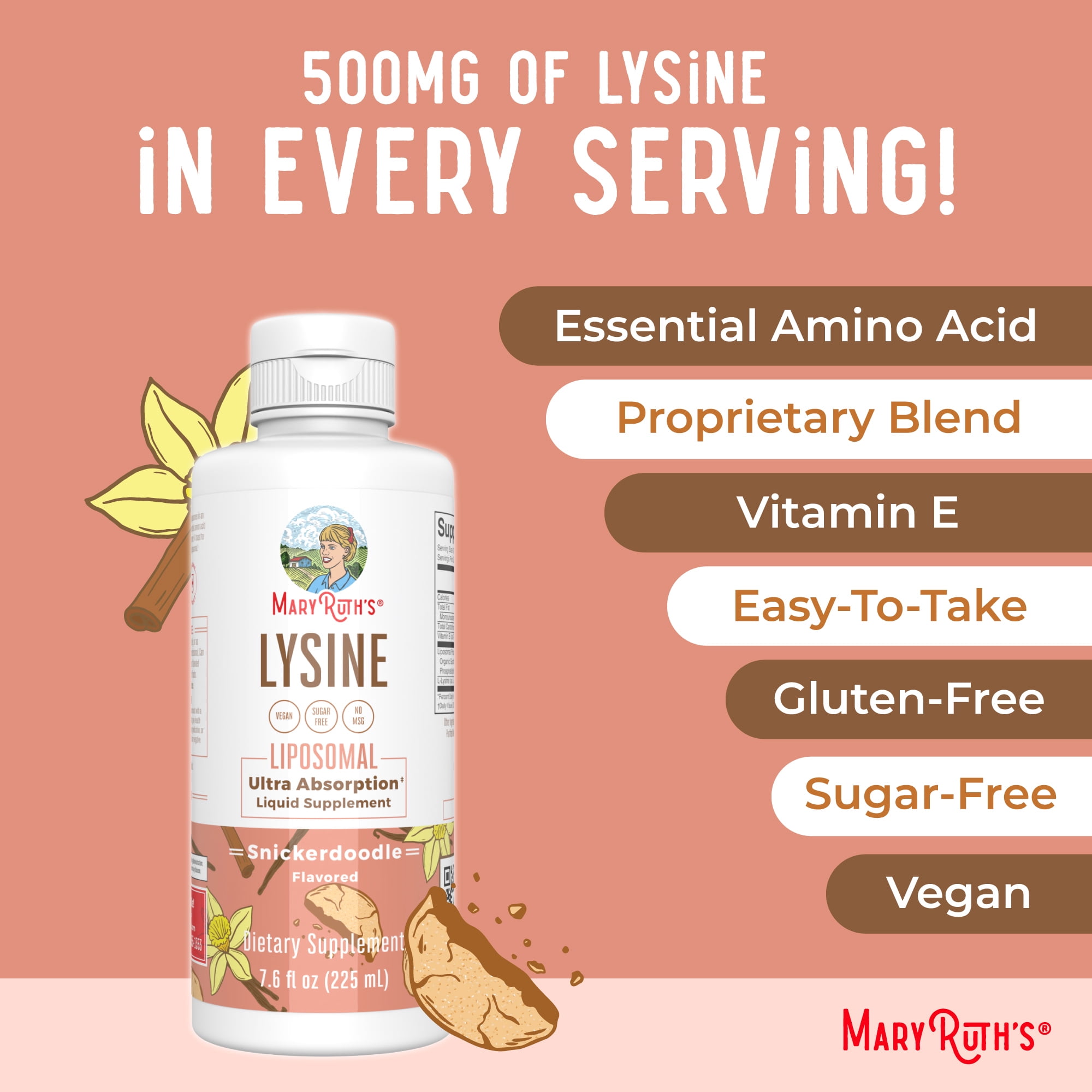 (3 pack) MaryRuth's Lysine Supplement, Snickerdoodle Flavor, Collagen & Immune Support, Vegan, Sugar-Free, Adults Ages 18+, Unisex, 7.6 fl oz, 30 Servings,