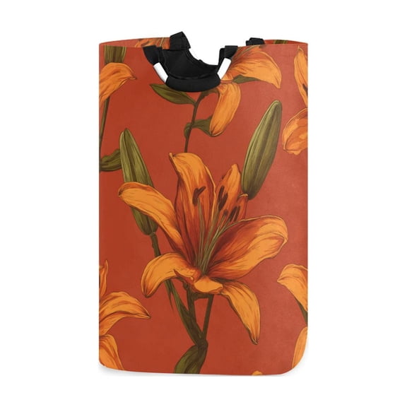 Lily-shaped Flowers Orange Laundry Basket with Handles Foldable Laundry Hamper Freestanding Washing Bin 50L