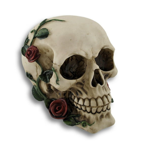 Morbidly Elegant Human Skull with Rose Vines Statue