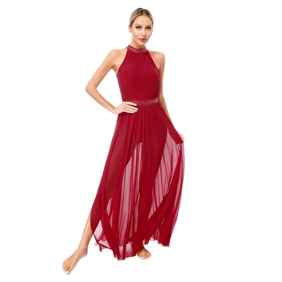 Jelory Womens Modern Lyrical Dance Dress Sleeveless Shiny Rhinestones Side Split Mesh Maxi Dress Burgundy M