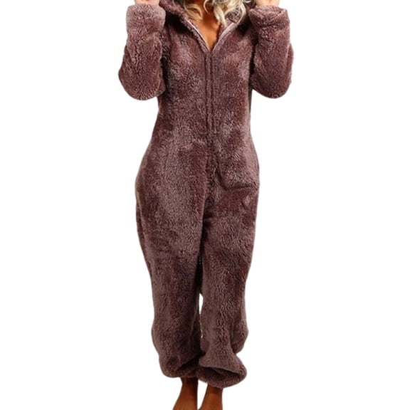 Gureui Women Fleece One Piece Zipper Hooded Jumpsuit Loose Long Sleeve Thick Plush Sleepwear Romper Pajamas Playsuit with Bear Ear Hat