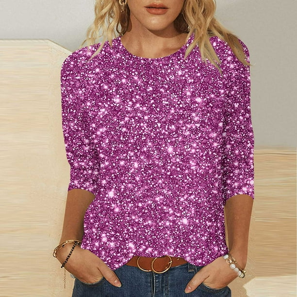 Tejiojio Women's Sequin Top Round Neck 3/4 Sleeves Sparkly Casual Party Blouse S-2XL