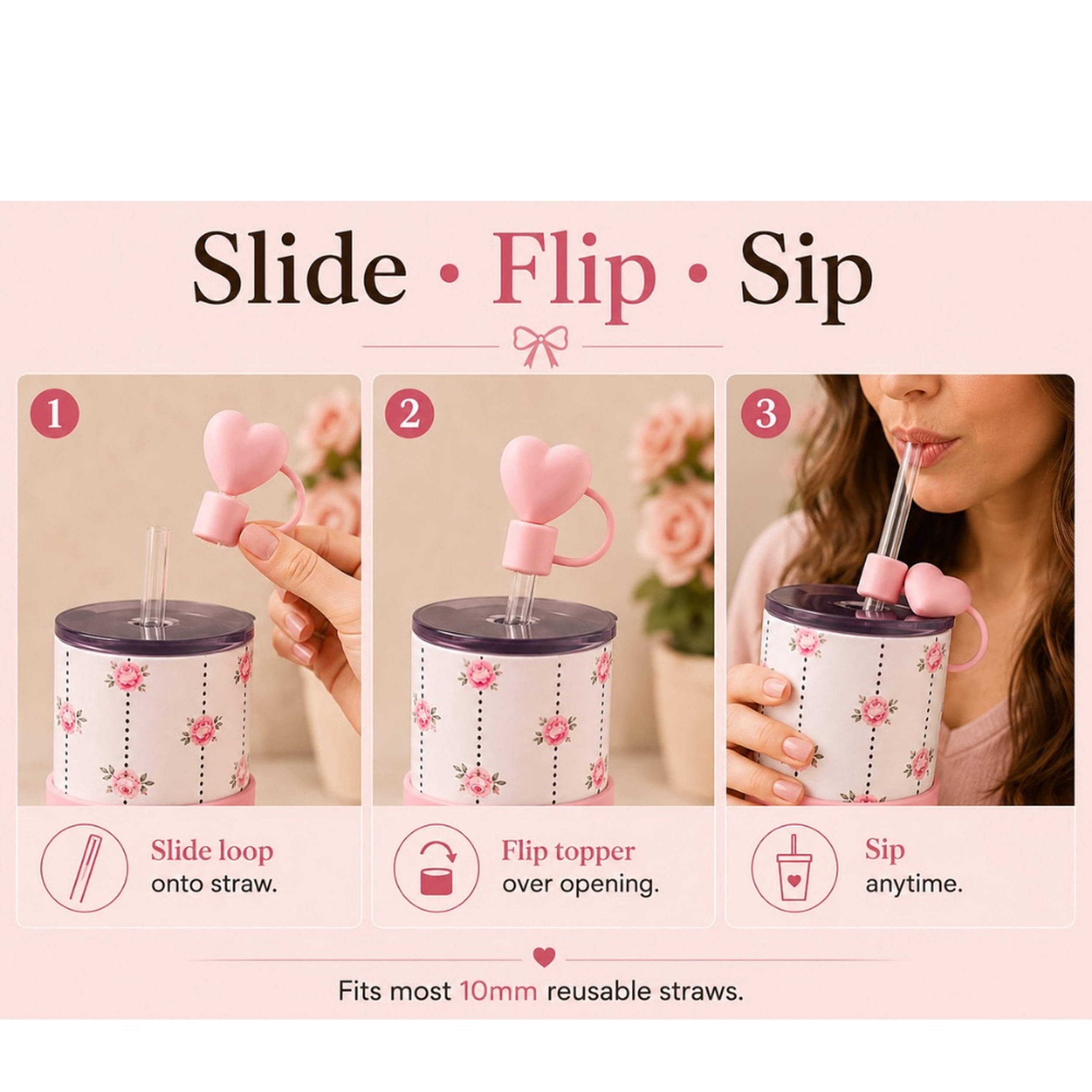 Biddlebee Pink Heart, Flower and Bow Straw Toppers, 3-Pack