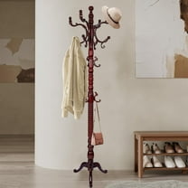 Coat Rack Freestanding, Hall Tree with 14 Hooks, Heavy Duty Wooden Coat Tree Stand, Adjustable Height, Sturdy Base for Bedroom Hallway Office - Load 300lbs