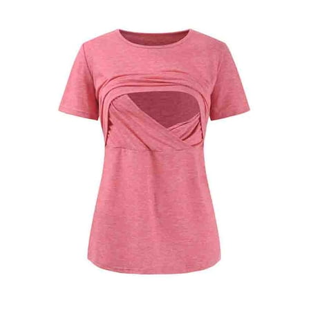 Jchiup Maternity Solid Color Round Neck Short Sleeve Layered Nursing T-Shirt Tops For