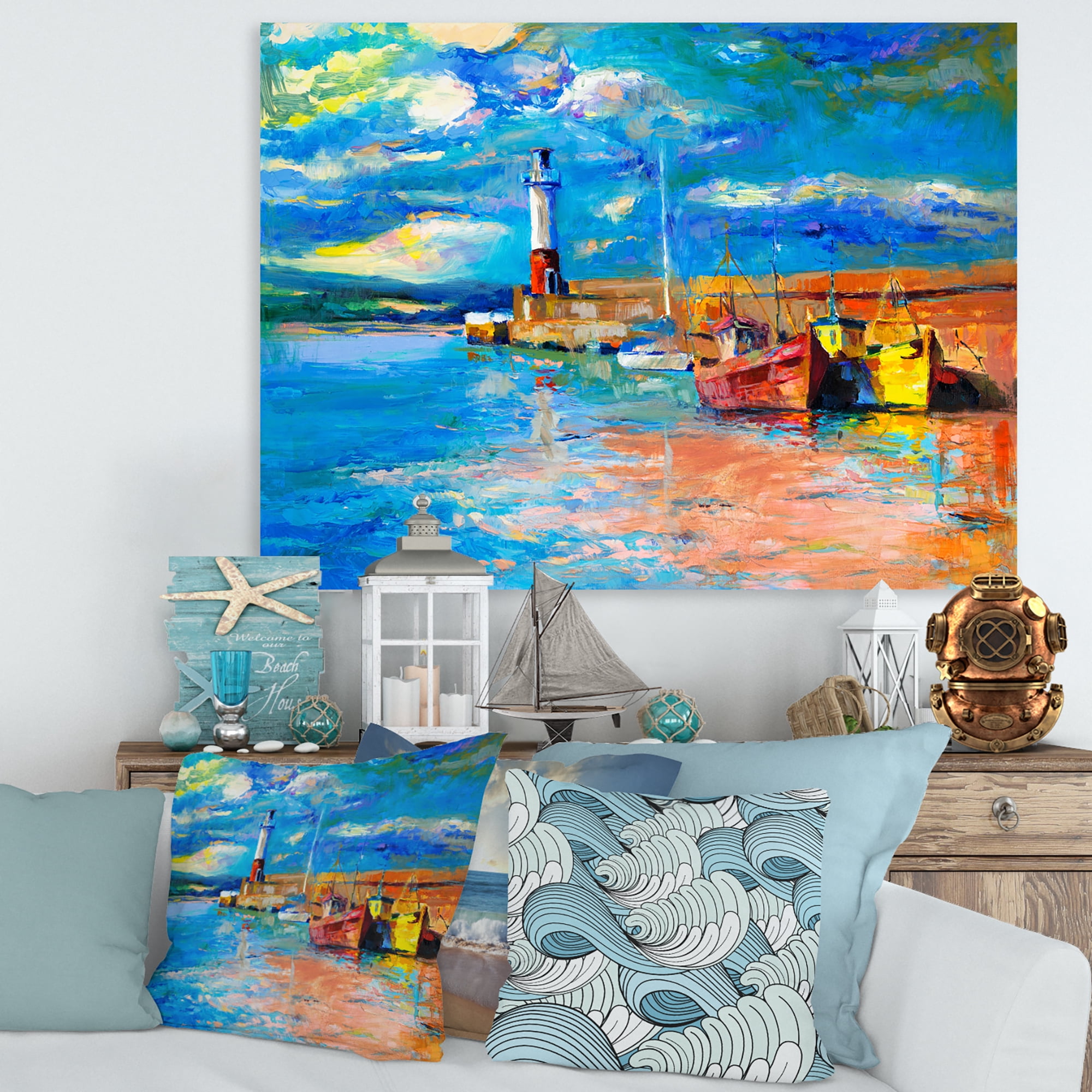 Designart ' Lighthouse By The Shore In Evening Glow ' Nautical & Coastal Canvas Wall Art Print