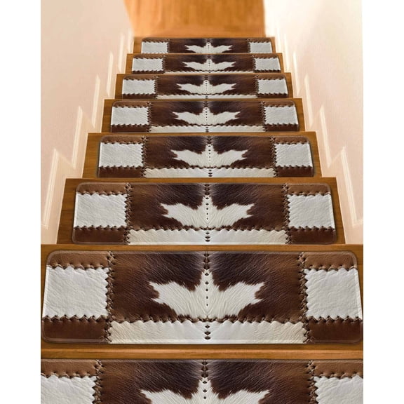 Stair Treads for Wooden Steps, Brown White Leather Texture Peel and Stick Stair Treads with Reusable Adhesive, Abstract Art Cowhide Non Slip Indoor Stairs Runner Rugs Mats for Elders Dogs 8"x30" 4PCS
