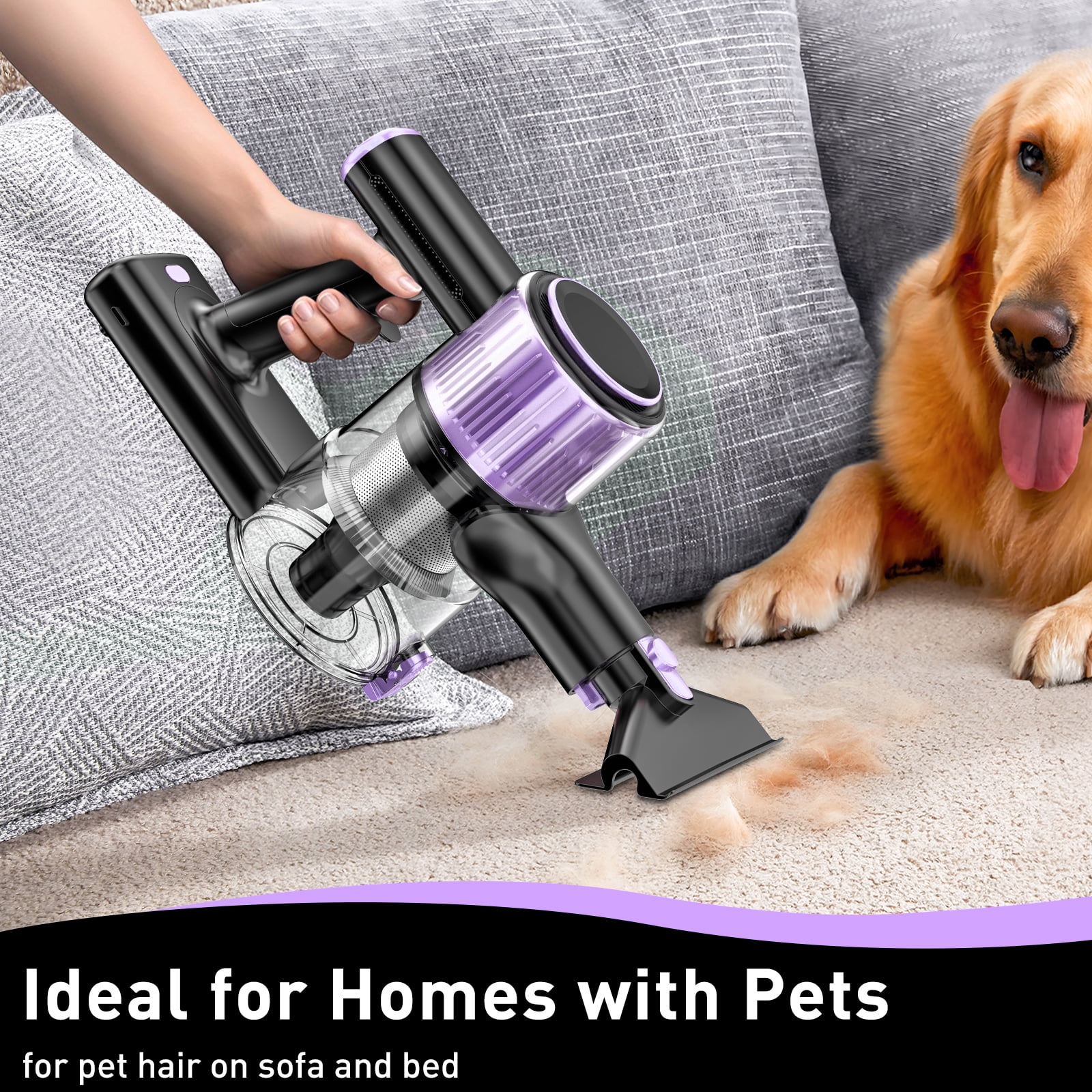 A27 Cordless Vacuum Cleaner, Stick Vacuum with Powerful Suction, Hose, Green LED Light, Anti-Tangle Brush, Lightweight Rechargeable Vacuum Cleaner for Home, Hardwood Floors, Carpets,Purple
