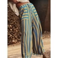 thumbnail image 5 of Women Drawstring Striped Pants Loose Wide Leg Trousers Casual Low Waist Pants with Pockets Yellow & Blue S, 5 of 9